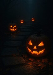 Eerie glowing pumpkins path