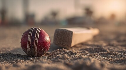 Cricket bat and ball on ground at sunset, outdoor sports equipment detail symbolizing competition, teamwork, training, and traditional sporting culture