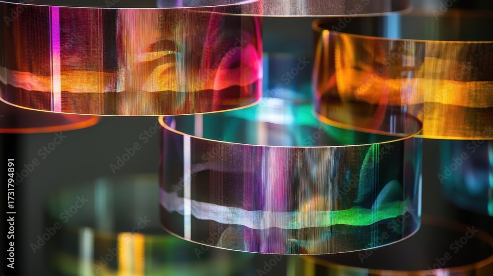 Wall mural laser interference rings creating vibrant rainbow diffraction patterns in transparent optical elemen