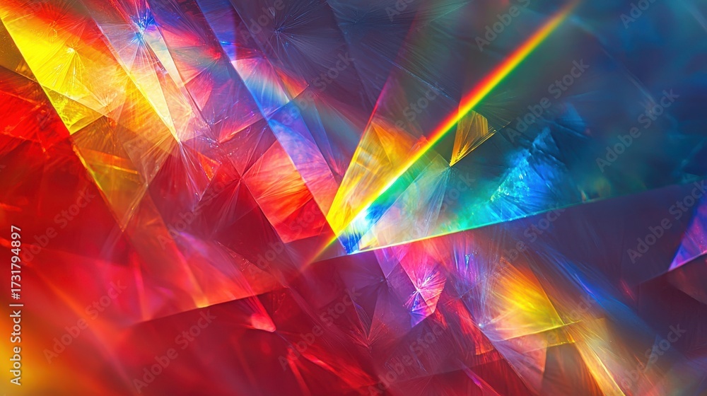 Wall mural light wave diffraction through crystal prism creating vibrant rainbow interference patterns with geo