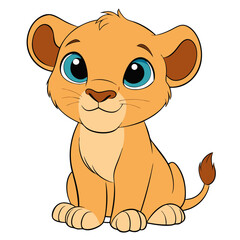 Obraz premium Cartoon Lion Cub Illustration with Blue Eyes, Cute Baby Animal Character in Friendly and Playful Style