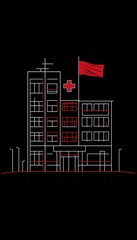 Silhouette of a hospital building with medical crosssymbol and flag, outline vctor illustration, isolate on black background, healhcare architecture icon deign