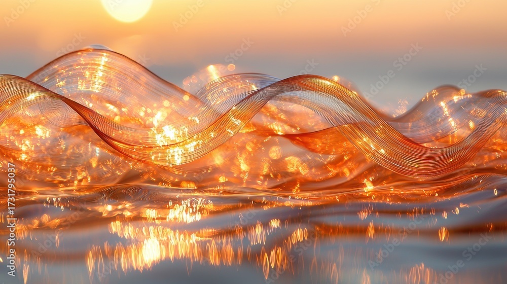 Wall mural laser interference patterns creating flowing wave structures with diffraction light effects in warm 