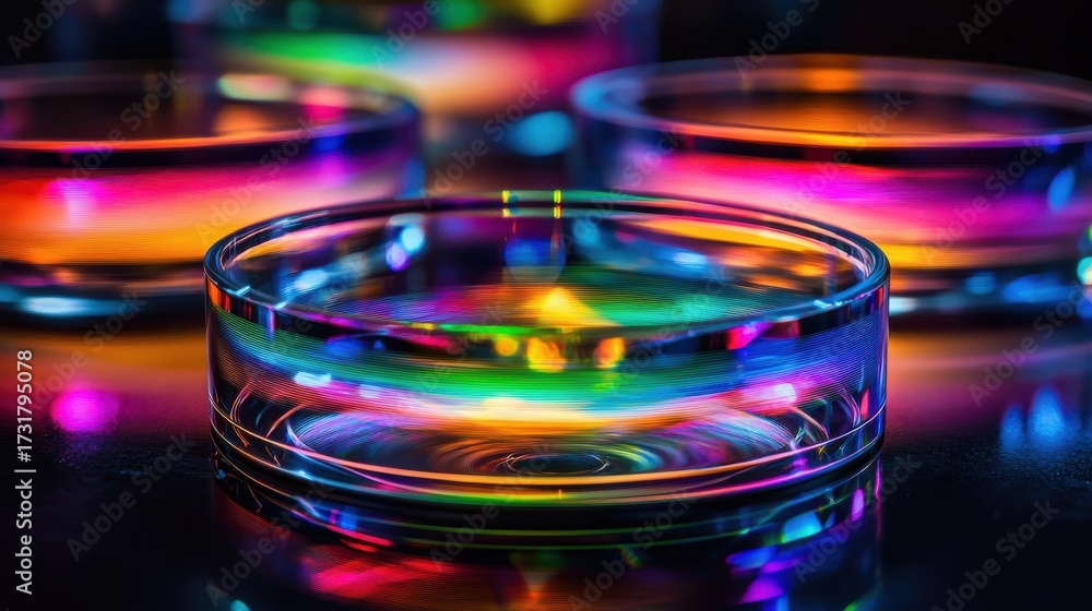 Wall mural laser interference rings creating vibrant circular diffraction patterns with rainbow light waves and