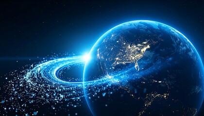 Fototapeta premium Earth in space, glowing blue, rings of light