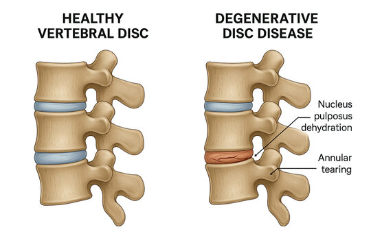 Comparison of a healthy vertebral disc with a degenerative disc disease, illustrating dehydration of the nucleus pulposus and annular tearing.