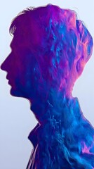portrait silhouette dissolving into swirling clouds of purple and cyan paint strokes