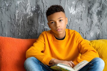 Young African American boy wearing bright orange sweater is sitting on a colorful couch, reading a book, surrounded by cozy home decor, showcasing a moment of relaxation and learning