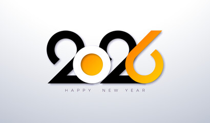 Happy New Year 2026 Logo Design with Paper Cutting Number and Colorful Elements on White Background. Christmas Holiday Greeting Card Illustration with Typography Lettering for Calendar, Flyer, Banner