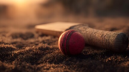 Cricket bat and ball on ground at sunset, outdoor sports equipment detail symbolizing competition, teamwork, training, and traditional sporting culture
