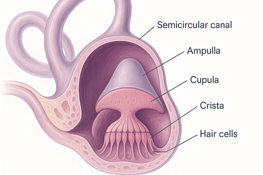 Anatomical illustration of the human inner ear's vestibular system, highlighting the semicircular canals, ampulla, cupula, crista, and hair cells, key components for balance and spatial orientation.