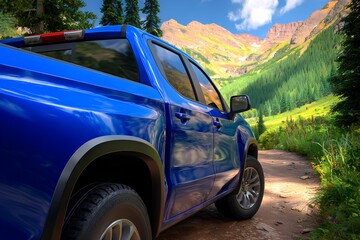 Blue pickup truck parked on a dirt road surrounded by lush green trees and mountains, showcasing the beauty of nature and adventure in an outdoor setting