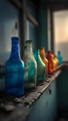 through dusty glass bottles lined on rustic windowsill casting colorful shadows