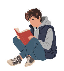 Flat vector illustration of a teenage boy reading a book, cozy casual outfit with hoodie and puffer vest, navy jeans, red book, isolated on transparent background, relaxed scene © Creative_Juice_Art