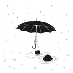 Surreal Illustration of a Hand Holding an Umbrella Emerging from Water with a Floating Hat in the Rain