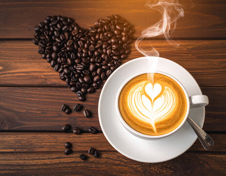 A steaming cup of coffee with latte art shaped like a heart sits on a wooden surface next to coffee beans forming a heart shape - Powered by Adobe