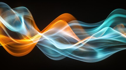 Naklejka premium Laser coherence patterns creating dynamic wave interference with flowing orange and teal light streams across dark laboratory surfaces showcasing optical physics