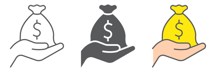 Investment icon, business and finance, money bag on hand sign, vector graphics, a linear pattern on a white background, eps 10.