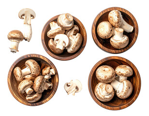 Wooden bowls filled with brown mushrooms, overhead view
