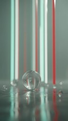 hovering over mirror floor casting beams of shifting neon gradients outward