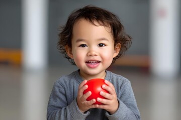 Young child with curly hair, wearing gray shirt, joyfully holding a red ball, smiling brightly in a spacious indoor environment, showcasing playful innocence and happiness