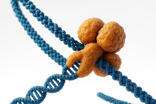 3D illustration of DNA strand wrapped around histone proteins, representing gene expression and cellular structure.