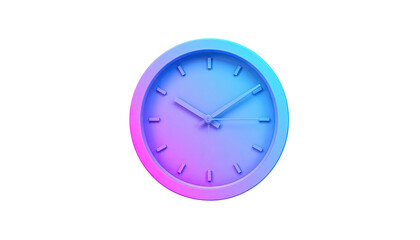 A neon-lit, 3D-rendered analog clock, radiating blue and pink hues, on black