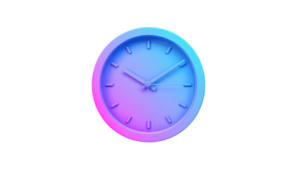 A neon-lit, 3D-rendered analog clock, radiating blue and pink hues, on black