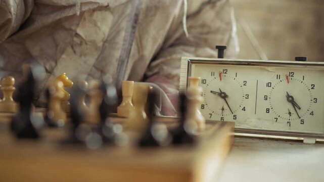 Close up of mechanical chess clock beside wooden chessboard with scattered pieces, showing intense match atmosphere as player in faded protective clothing sits behind in dusty indoor setting