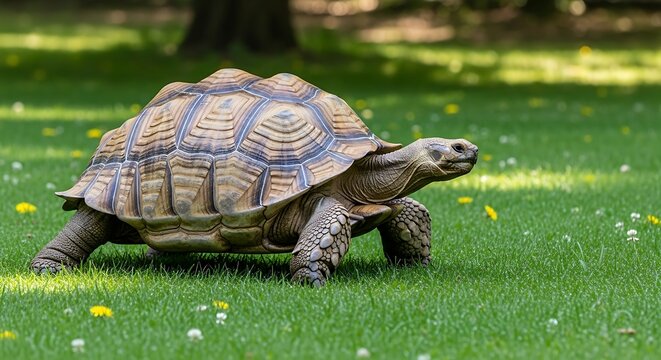 Tortoise Walks on Lawn.