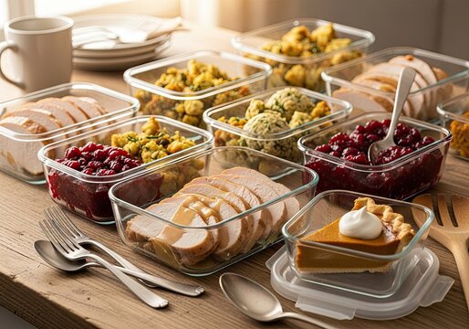 Photo of thanksgiving leftovers in glass containers a delicious assortment of turkey, stuffing, cranberry sauce, and pumpkin pie, ready to be enjoyed again
