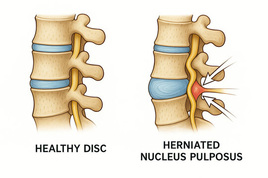 Illustration comparing a healthy spinal disc to a herniated nucleus pulposus, showing nerve compression.