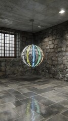 hovering over mirror floor casting beams of shifting neon gradients outward