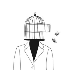 illustration of man with open birdcage over his head, surreal freedom concept