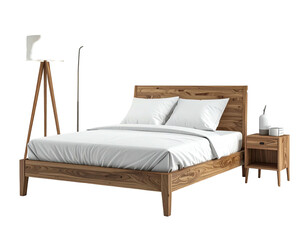 Wooden bed with white linens, bedside table, and tripod lamp