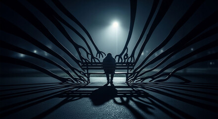 Lonely man on bench dark night surrounded by shadows depression anxiety mental health concept art ai image