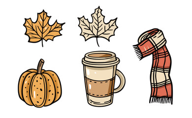Autumn Vibes Illustrations Featuring Leaves, Pumpkin, Coffee, and Cozy Scarf Designs