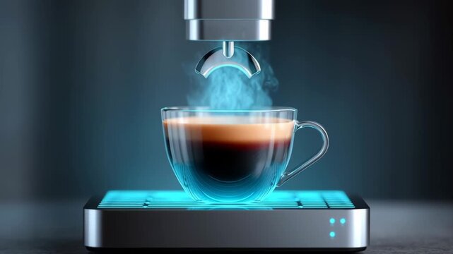 Innovative coffee brewing process captured in three sequential frames, showcasing the gradual extraction of espresso from a futuristic machine, highlighting steam and motion in a sleek, modern kitchen