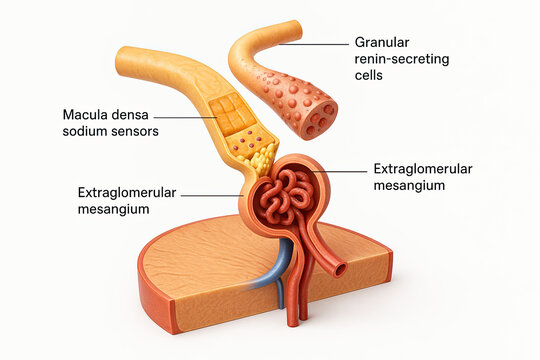 Detailed illustration of the kidney's juxtaglomerular apparatus, highlighting key cellular components and their functions in blood pressure regulation.