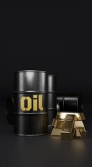 3D illustration showing Oil barrels beside stacked gold bars, symbolizing energy and gold market connection. Designed for Oil trading, gold investment, and financial business themes.