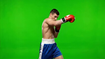 Determined male boxer in red gloves and blue shorts prepares for intense fight, showcasing strength and readiness in dynamic action - Powered by Adobe