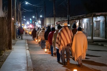Community members wrapped in traditional blankets participate in Las Posadas celebration, walking along a dimly lit street with lanterns illuminating their path during the festive night