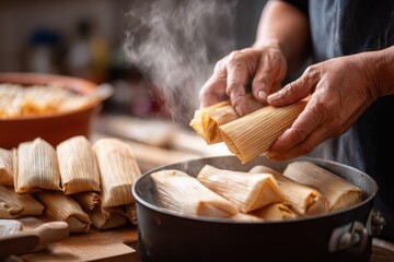 Close up of hands skillfully preparing tamales dough, wrapping it in corn husks, with a warm kitchen atmosphere and freshly made tamales in the background