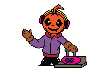 Halloween pumpkin cartoon, Pumpkin DJ Halloween Party Design. Pumpkin cartoon wearing headphones playing music.