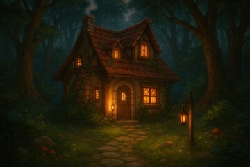 Obraz premium Charming cottage in enchanted forest.