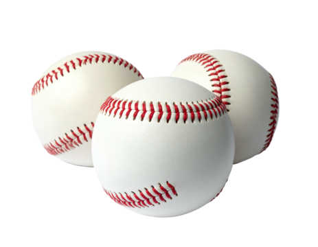 Three baseballs, close together, white with red stitching (1)