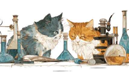 Cats making science test in laboratory with glass equipment, creative animal experiment illustration on white background