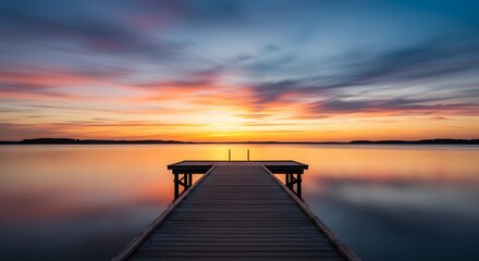 Fototapeta premium Wooden pier at sunset over calm lake