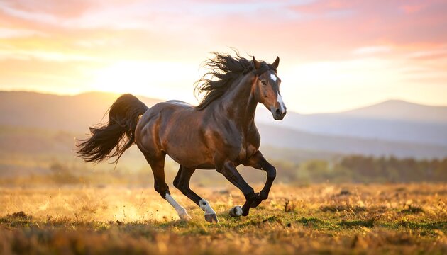 Majestic brown horse galloping at sunset