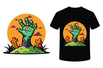 Zombie Hand Rising T-shirt design Halloween party, Halloween cartoon t-shirt design, vector illustration for Halloween celebration.
